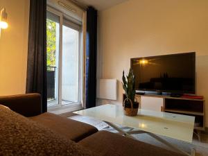een woonkamer met een bank en een tv bij L'escale Grignoise in Grigny