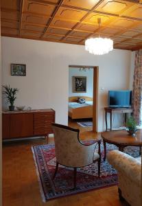 - un salon avec un canapé et une télévision dans l'établissement Idyllische Vorstadtwohnung mit direktem Parkblick, 