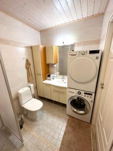 a small bathroom with a washing machine and a toilet at Lumikukka Vuokatti in Kajaani