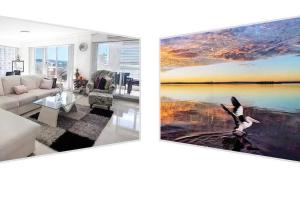 安特兰斯Waterview luxury hideaway, 2 min walk to all, pool的客厅两幅照片,画有鸟画