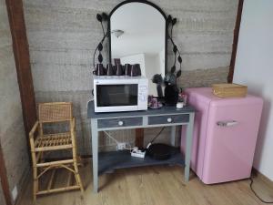 a microwave on a table next to a pink refrigerator at Chambre de Charme in Mirepoix