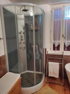 a glass shower in a bathroom with a sink at Chambre de Charme in Mirepoix