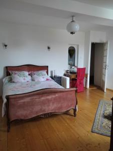 een slaapkamer met een bed en een houten vloer bij Chambre de Charme in Mirepoix