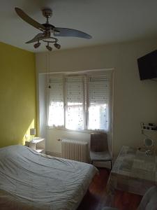 1 dormitorio con 1 cama y ventilador de techo en Chambre meublée au cœur de ville - chez l'habitant, en Le Creusot