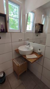 a white bathroom with a sink and two windows at Traditional Apartments Salzburg in Salzburg
