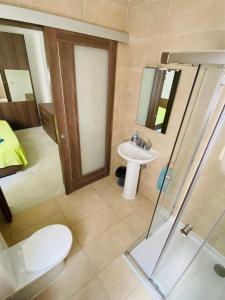 a bathroom with a toilet and a sink and a shower at Mela Apartment 1 in St. Paul's Bay