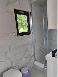 La salle de bains est pourvue d'une douche, de toilettes et d'une fenêtre. dans l'établissement Przystań nad zatoką - Osada, à Lubieszewo