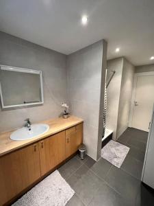 a bathroom with a sink and a shower at Tehuizen Alness in Wetteren