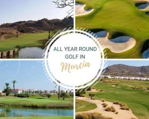 a collage of four pictures of a golf course at Finca Tres Molinos B&B in Roldán