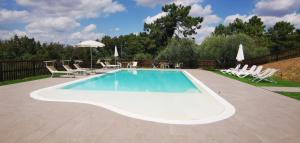 a swimming pool with chairs and a table and an umbrella at Agriturismo Cascina Cipressa in San Romano