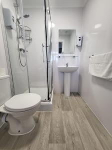 a bathroom with a toilet and a shower and a sink at Beach Hotel Torbay in Paignton