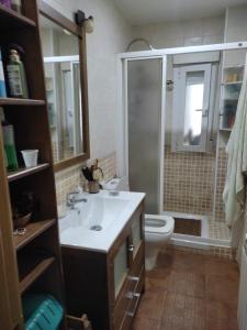 W łazience znajduje się umywalka, toaleta i prysznic. w obiekcie ALQUILER DE HABITACIÓN w Madrycie