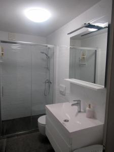 a white bathroom with a sink and a shower at Apartma Qbed in Gračišče