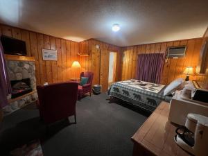 Habitación de hotel con cama y chimenea en Cedars Motel en Saint Ignace