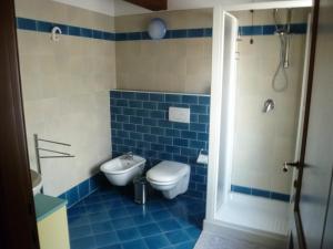 uma casa de banho em azulejos azuis com um WC e um chuveiro em Casolare Fratina 