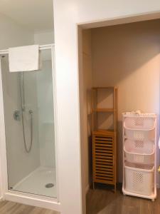 a shower in a bathroom with a glass shower stall at Alpine View Lodge in Wanaka