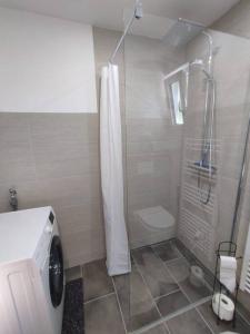 een badkamer met een douche en een wasmachine bij Appartement am See in Velden in Velden am Wörthersee