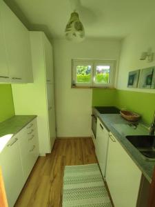 een keuken met groene en witte muren en houten vloeren bij Appartement am See in Velden in Velden am Wörthersee