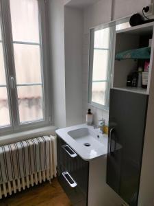 ein Badezimmer mit einem Waschbecken und einem Spiegel sowie zwei Fenstern in der Unterkunft La maison des remparts in Falaise