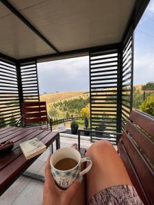 a person holding a cup of coffee on a bench at Wild nest Deer Lux in Zlatibor