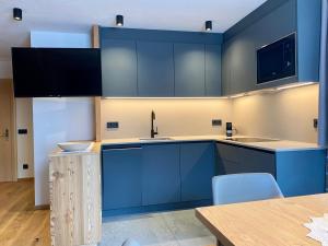 a kitchen with blue cabinets and a sink at Ciasa La Rösa in Badia