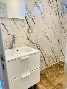 a bathroom with a white sink and a marble wall at Duplex climatisé avec une terrasse sur jardin in Montmorency