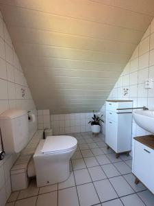 y baño con aseo y lavamanos. en Ruhige, kleine Ferienwohnung, en Schortens