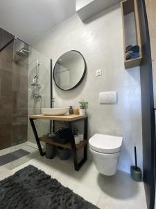 a bathroom with a sink and a toilet and a mirror at 2 Terraces Apartment in Urban Villa - MLII in Varaždin