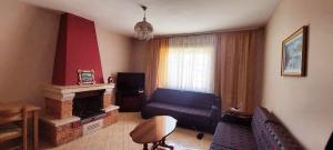 a living room with a couch and a fireplace at Wild River Guesthouse in Përmet