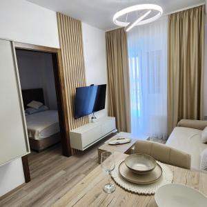 ein Wohnzimmer mit einem Sofa und einem Tisch mit einem TV in der Unterkunft Jagodina Panorama Akva park in Jagodina