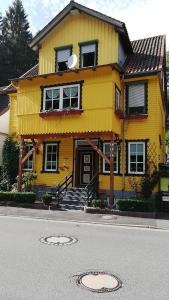 a yellow house on the side of a street at Brummers Ferienwohnung in Wildemann