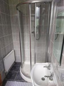 een badkamer met een douche en een wastafel bij Home in Ennis in Ennis