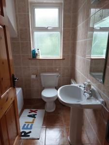 a bathroom with a toilet and a sink and a window at Home in Ennis in Ennis