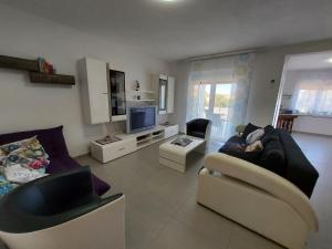 a living room with a couch and a tv at Apartments Bora in Ližnjan