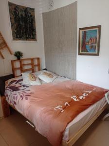 um quarto com uma cama com um edredão rosa em NEW! Great Location! Vibrant Downtown, Talpiot Market, Flea Market, Carmel Beach, close to everywhere em Haifa