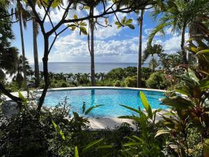 una piscina con el océano en el fondo en Residence AU 'TI SUCRIER en Deshaies