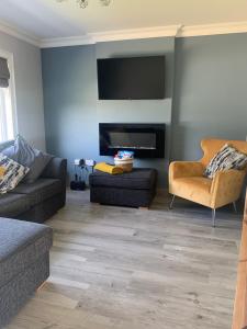 a living room with a couch and a chair and a television at Farsnagh Cottage in Newport Trench