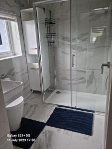 a bathroom with a shower with a glass door at 4 bed private home in Colchester in Colchester