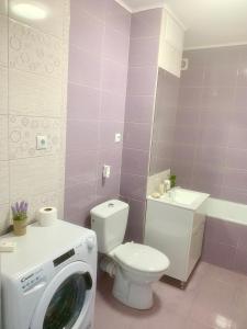 a bathroom with a toilet and a washing machine at JAD - Family Apartments & Studios in Braşov