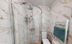y baño con ducha y aseo. en Апартамент в топ център София 5 Corners en Sofía