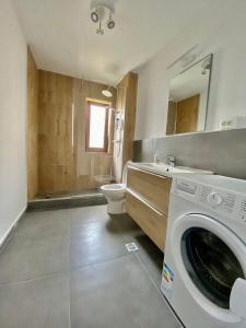 a bathroom with a washing machine and a toilet at Cozy Modern One Bedroom in Floreşti