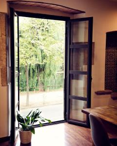 una porta a vetri aperta con una pianta in una stanza di THE RIVERSIDE LODGE Cozy and spacious apartment a Girona