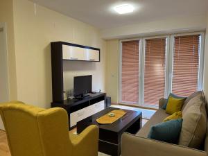 sala de estar con sofá y TV en Sandras Apartment en Strumica