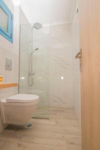 e bagno con servizi igienici e doccia in vetro. di AκrotiriResort a Vassiliki