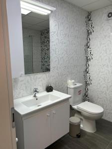a bathroom with a white sink and a toilet at Sandras Apartment in Strumica