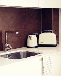 una cucina con lavandino e 2 tostapane su un bancone di THE RIVERSIDE LODGE Cozy and spacious apartment a Girona