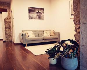 uma sala de estar com um sofá e vasos de plantas em THE RIVERSIDE LODGE Cozy and spacious apartment em Girona