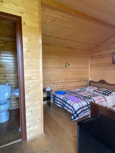 a log cabin with two beds and a toilet at Eco Aura Areguni in Vardenis