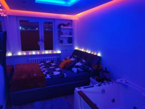 a living room with a couch and a bed with lights at Jacuzzi Apartament in Toruń