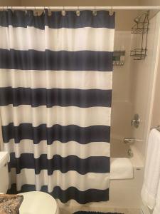 La salle de bains est pourvue d'un rideau de douche à rayures. dans l'établissement Rockwood House, à Nanaimo